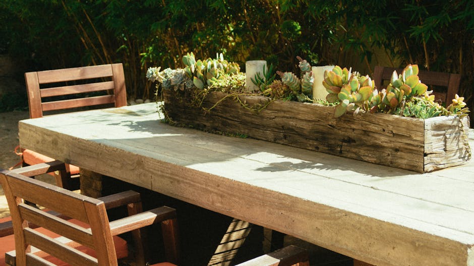 A serene outdoor patio scene with wooden furniture and a succulent planter.